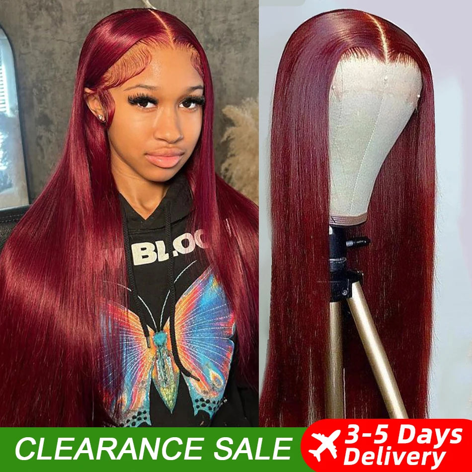 99J Burgundy Straight Human Hair Wig – 13x6 HD Lace Front, Pre-Plucked