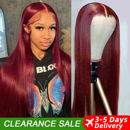 99J Burgundy Straight Human Hair Wig – 13x6 HD Lace Front, Pre-Plucked