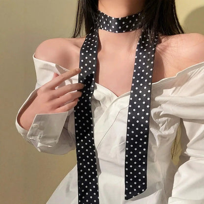 Silk Ribbon Neck Scarf for Women – Polka Dot Skinny Neckerchief & Bandana