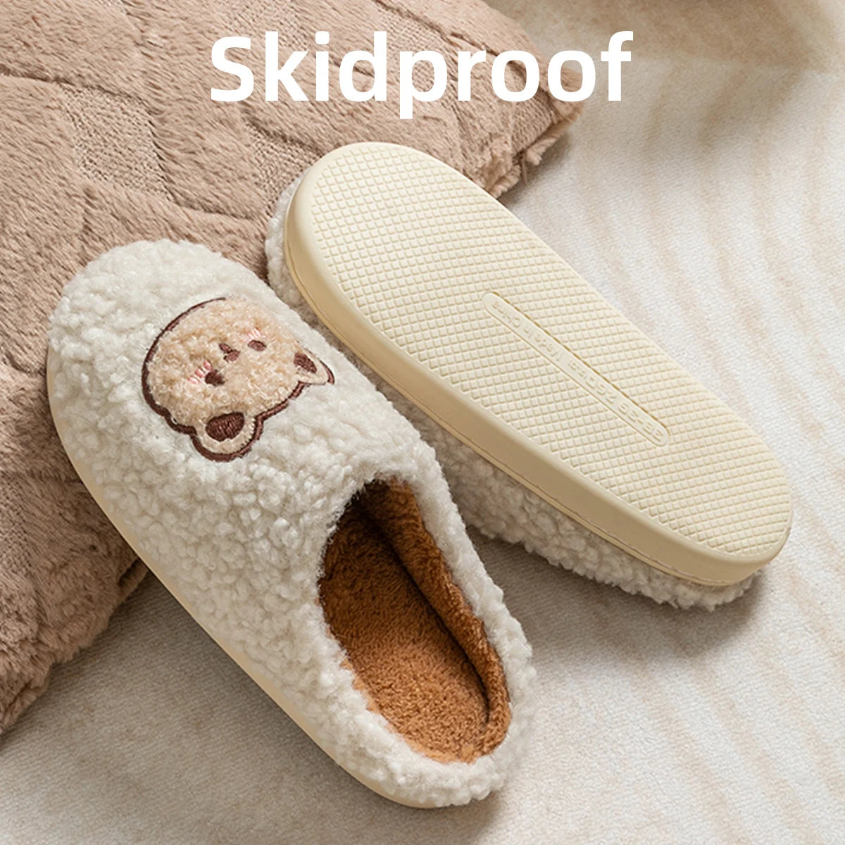 Cartoon Bear Fluffy Slippers – Warm Non-Slip Indoor House Shoes