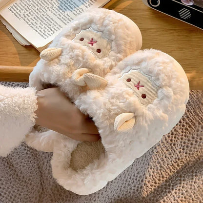 Fluffy Sheep Plush Slippers – Warm Faux Fur Indoor Home Shoes