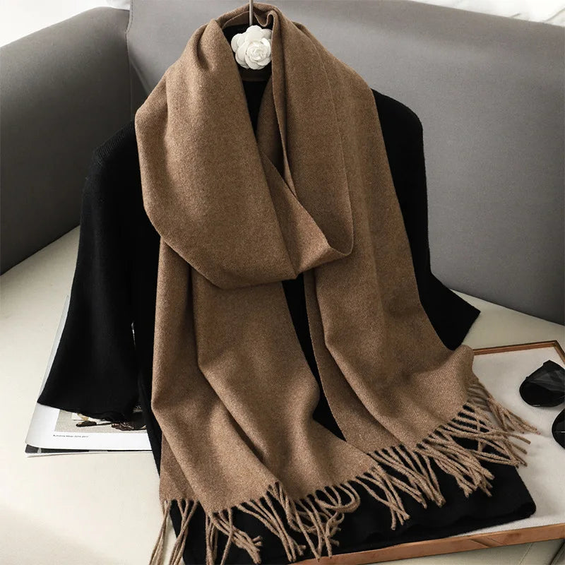 Women's Solid Cashmere Winter Scarf with Tassels – Warm Shawl Pashmina