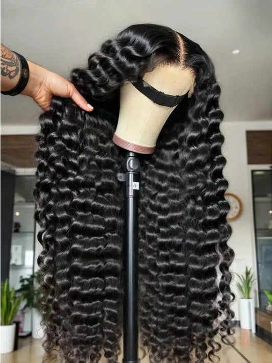 Deep Wave Human Hair Wig 13x4 13x6 HD Lace Front Natural Black