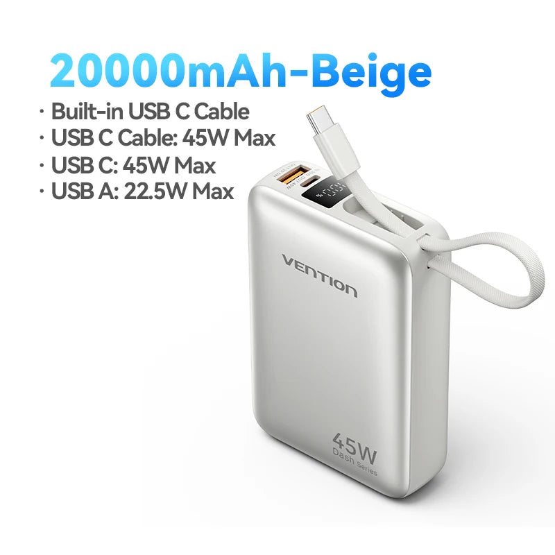 Vention 20000mAh Power Bank 45W Fast Charging with Built-In USB-C Cable