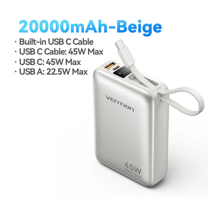 Vention 20000mAh Power Bank 45W Fast Charging with Built-In USB-C Cable