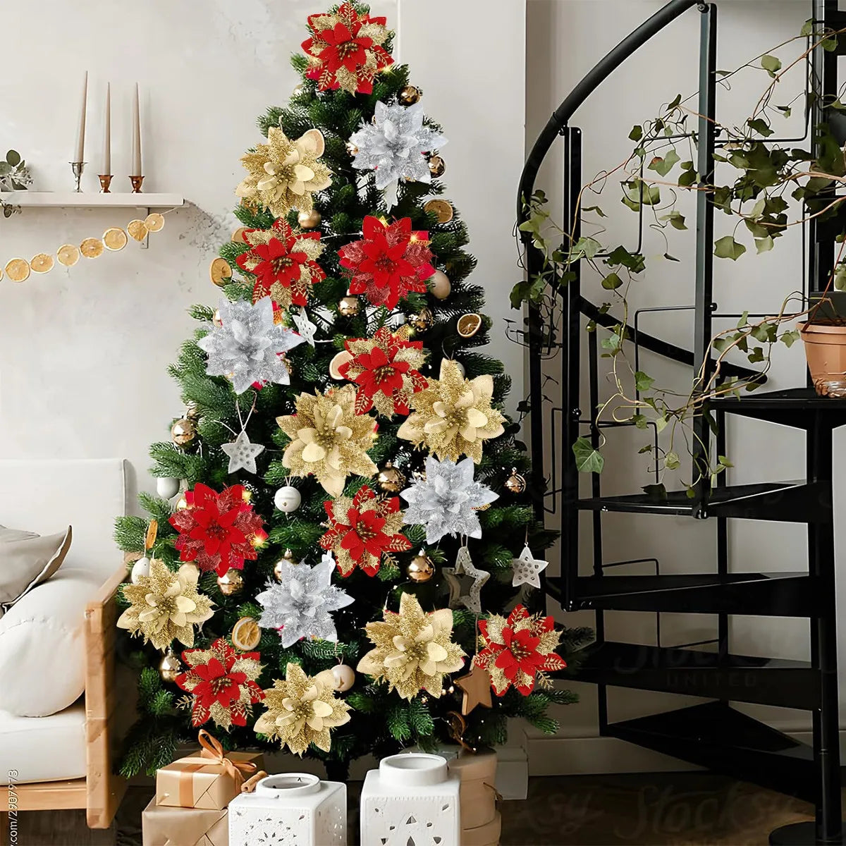 Glitter Artificial Poinsettia Christmas Tree Ornaments