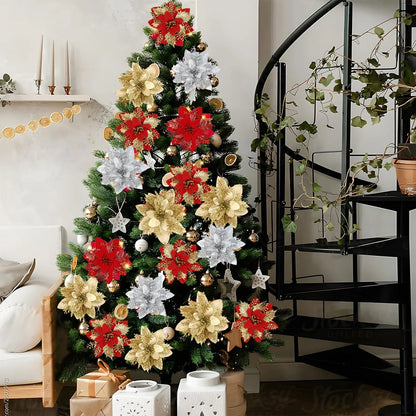 Glitter Artificial Poinsettia Christmas Tree Ornaments