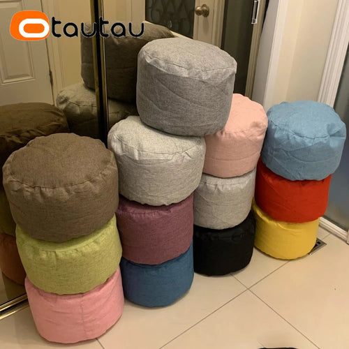 Round Linen Pouf Ottoman – Bean Bag Footstool Floor Cushion