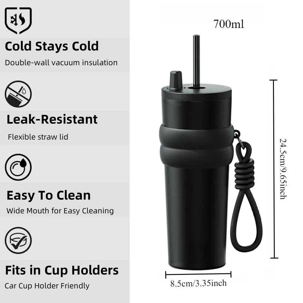 Stainless Steel Travel Thermos with Straw Lid – 700ml (23oz)