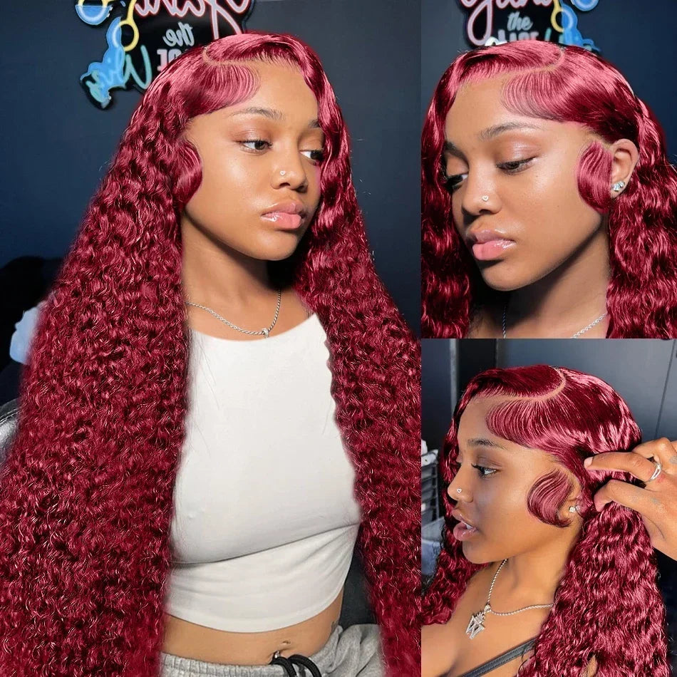 HD Transparent Lace Deep Wave Wig 99J Burgundy 13x4 13x6 Full Frontal