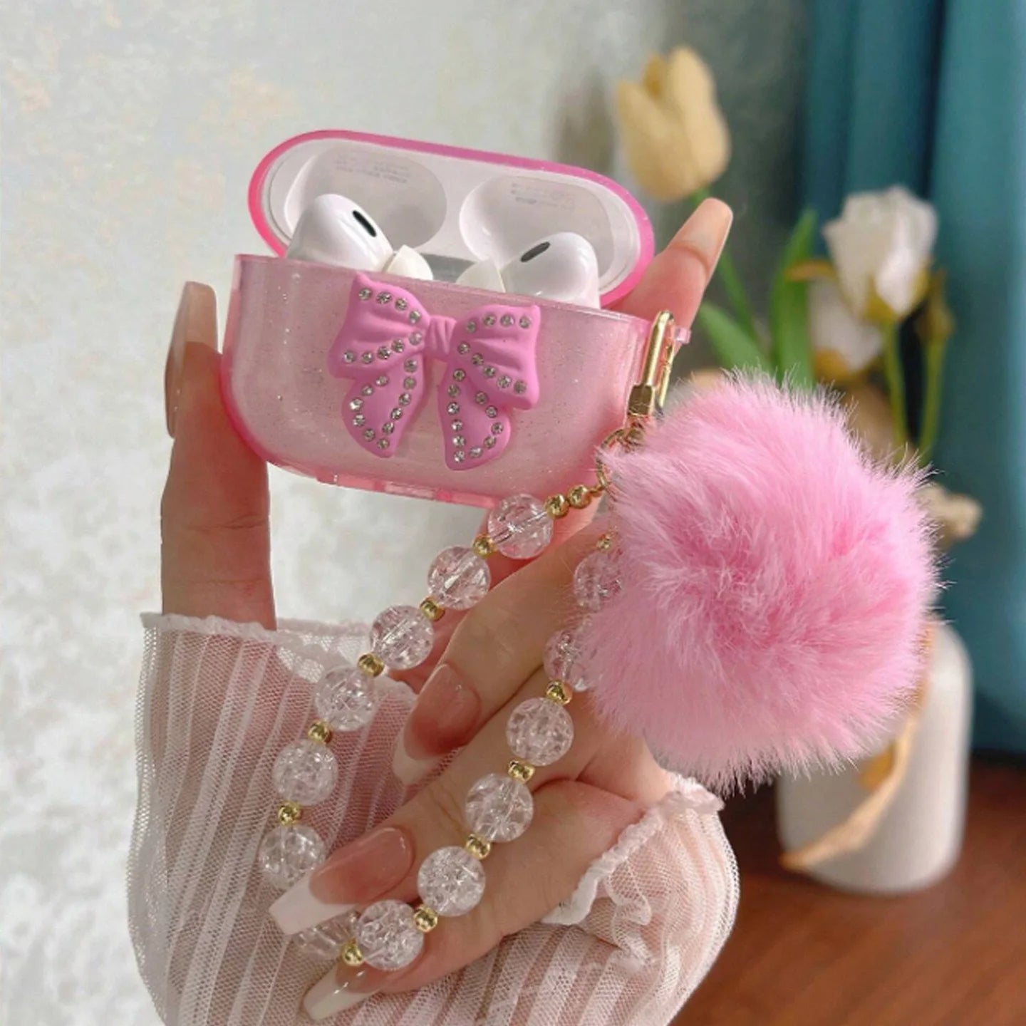 Glitter Bow AirPods Case with Crystal Bead Chain – Fits AirPods 1/2/3/4/Pro/Pro 2/Pro 3