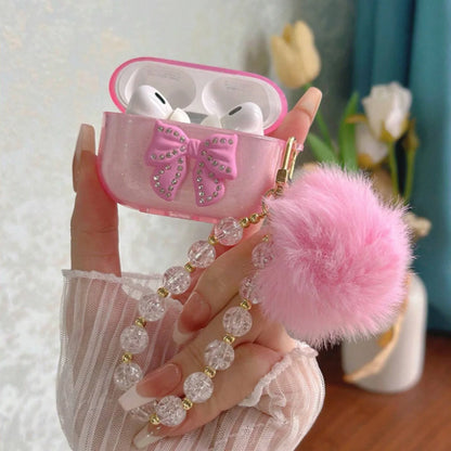 Glitter Bow AirPods Case with Crystal Bead Chain – Fits AirPods 1/2/3/4/Pro/Pro 2/Pro 3