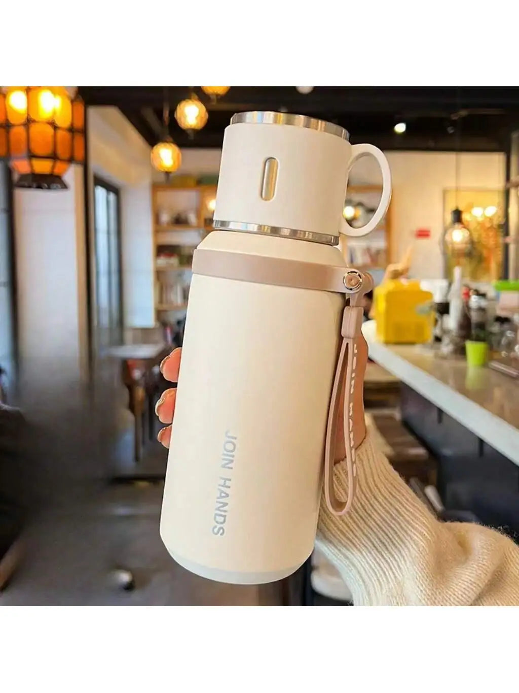 Vacuum Insulated Thermal Water Bottle with Cup Lid & Carry Strap – 600ml