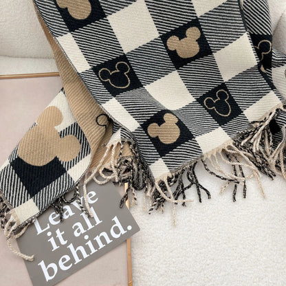 Cashmere Winter Scarf for Women – Bear Print Plaid Shawl with Tassel