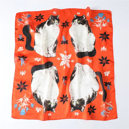 Satin Square Scarf Women Cute Cat Print Headscarf Neckerchief