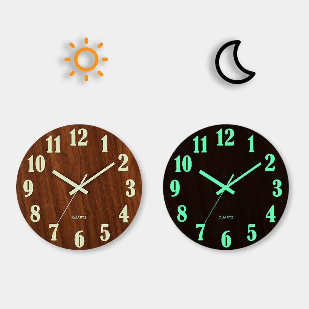 Luminous Wall Clock – Silent Wooden Nordic Glow-in-the-Dark Quartz Clock