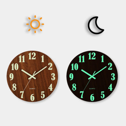 Luminous Wall Clock – Silent Wooden Nordic Glow-in-the-Dark Quartz Clock