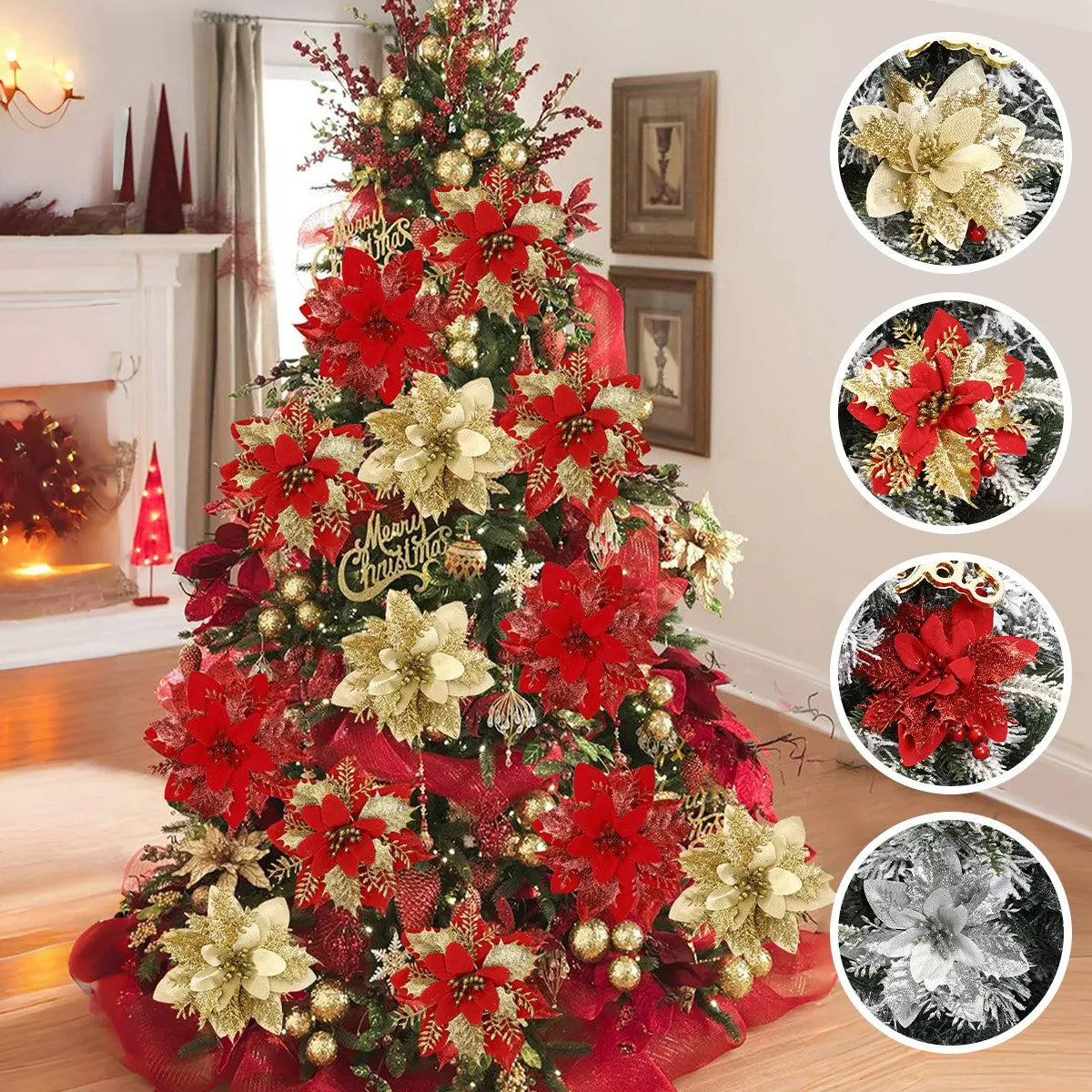Glitter Artificial Poinsettia Christmas Tree Ornaments