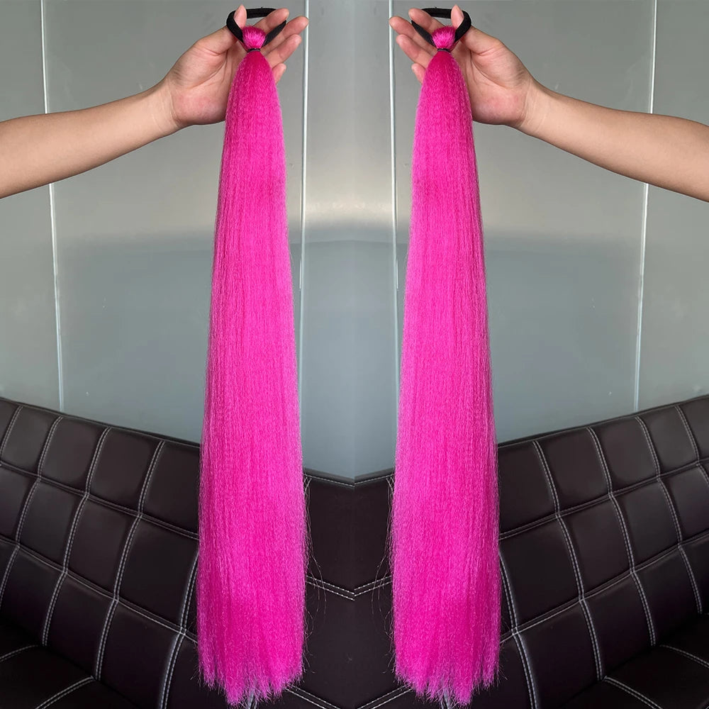 Synthetic Ponytail Hair Extension 2pcs – Long Straight, Colorful, Braiding Hairpiece with Rubber Band