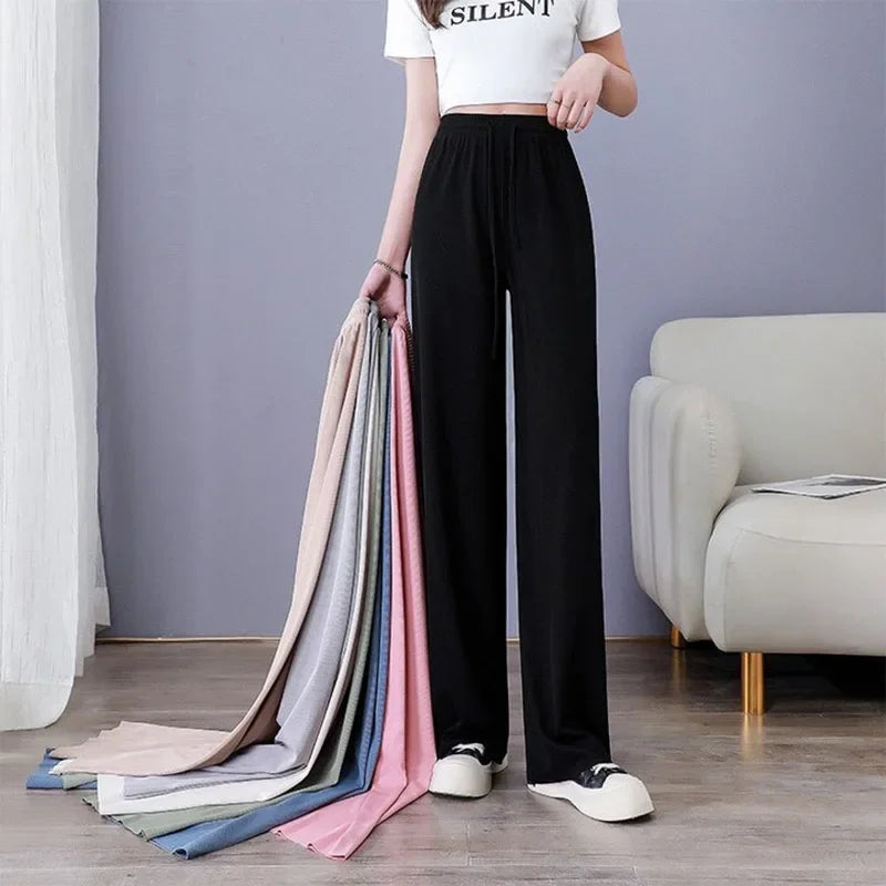 Women's Ice Silk Wide Leg Pants – Loose Fit Casual Trousers