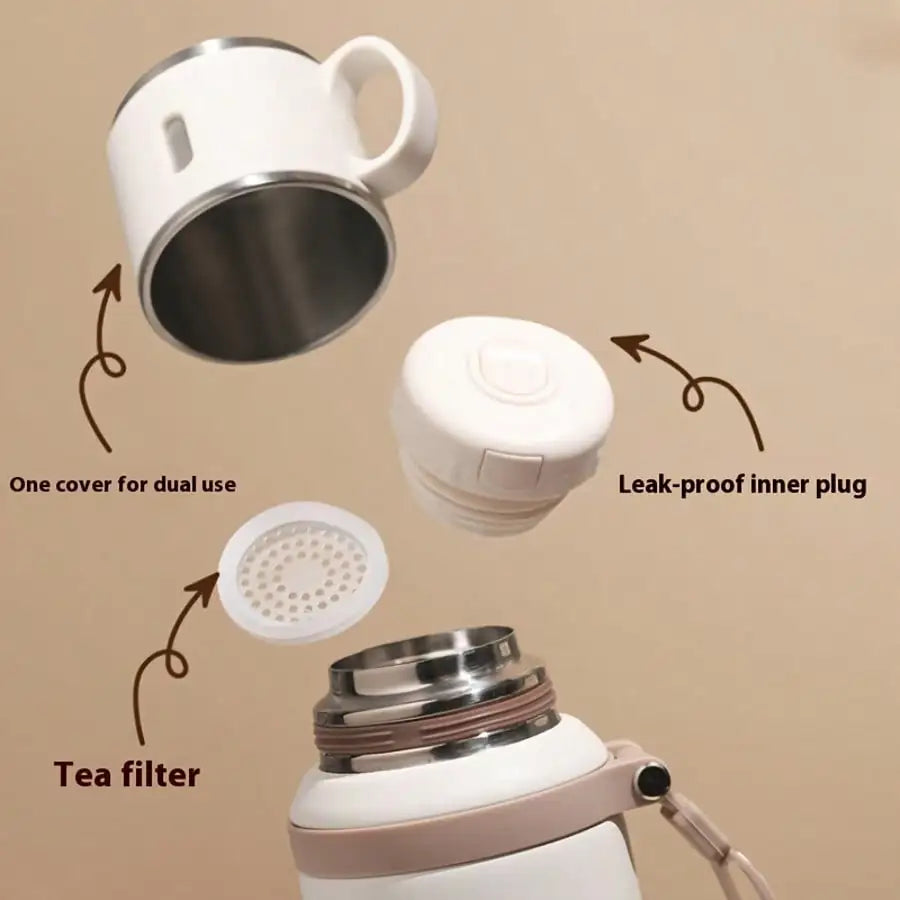 Vacuum Insulated Thermal Water Bottle with Cup Lid & Carry Strap – 600ml