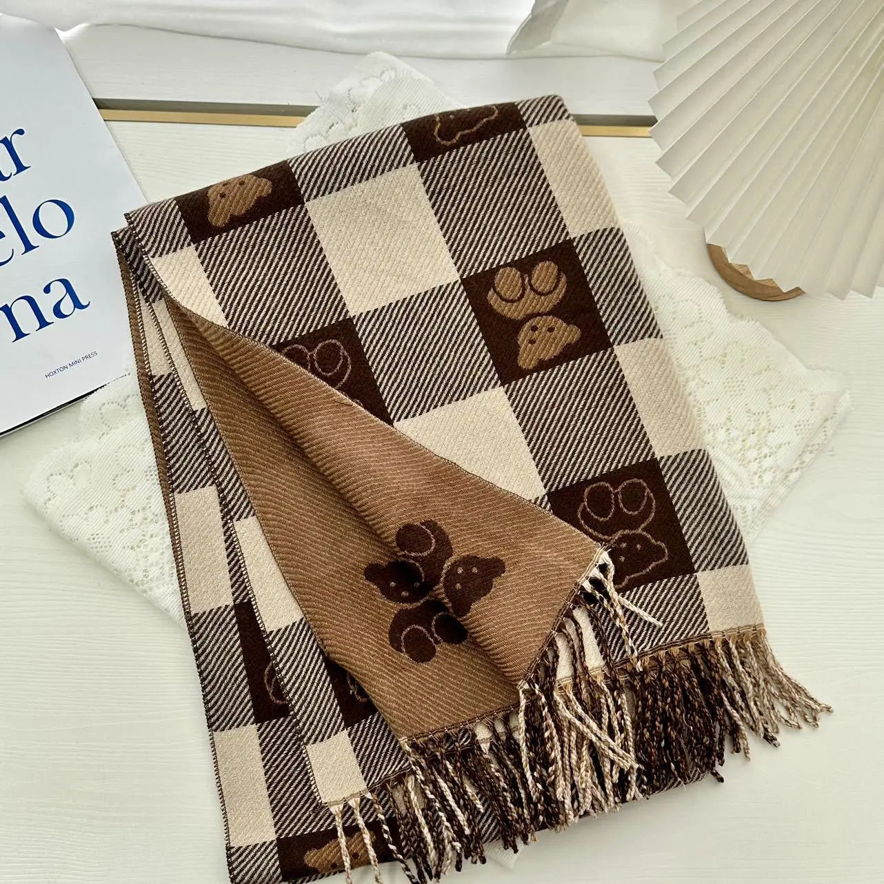 Cashmere Winter Scarf for Women – Bear Print Plaid Shawl with Tassel