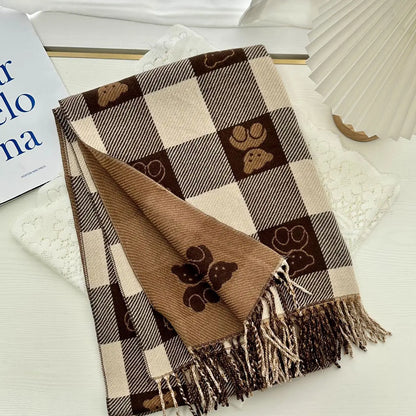 Cashmere Winter Scarf for Women – Bear Print Plaid Shawl with Tassel