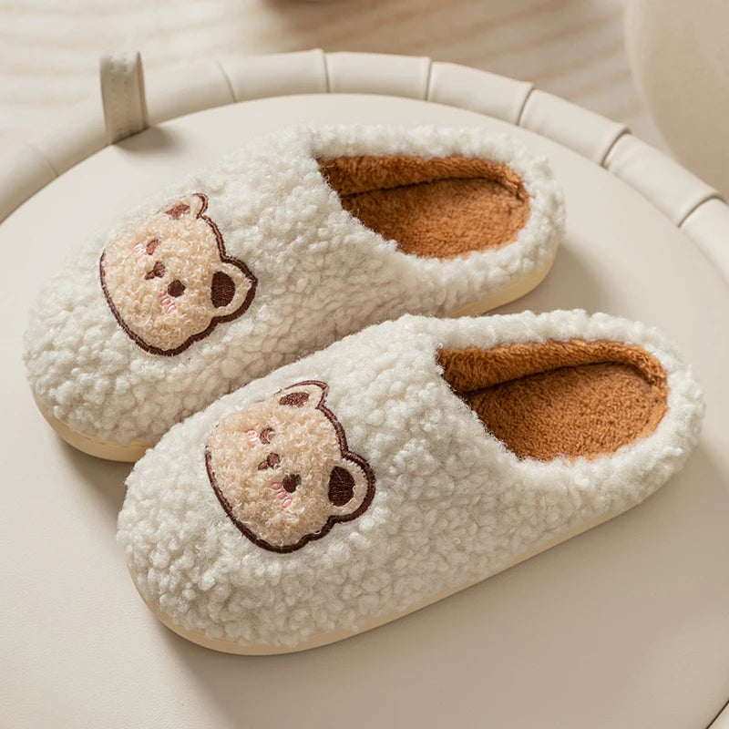 Cartoon Bear Fluffy Slippers – Warm Non-Slip Indoor House Shoes