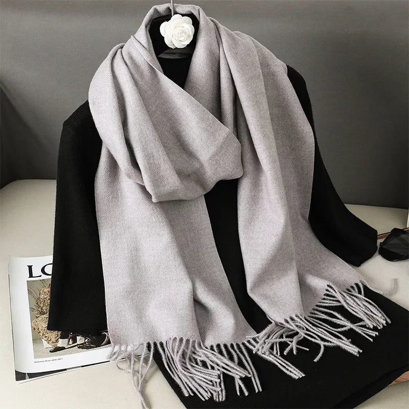 Women's Solid Cashmere Winter Scarf with Tassels – Warm Shawl Pashmina