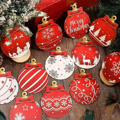Christmas Ball Ornaments Set of 12 – Red & White Wooden Tree Decorations