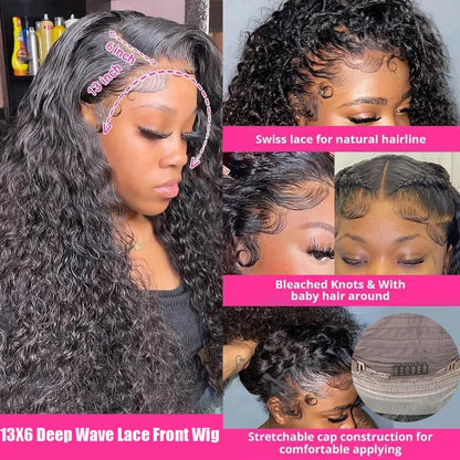Deep Wave Lace Front Wig Human Hair 13x4 13x6 250% Density Brazilian Pre-Plucked