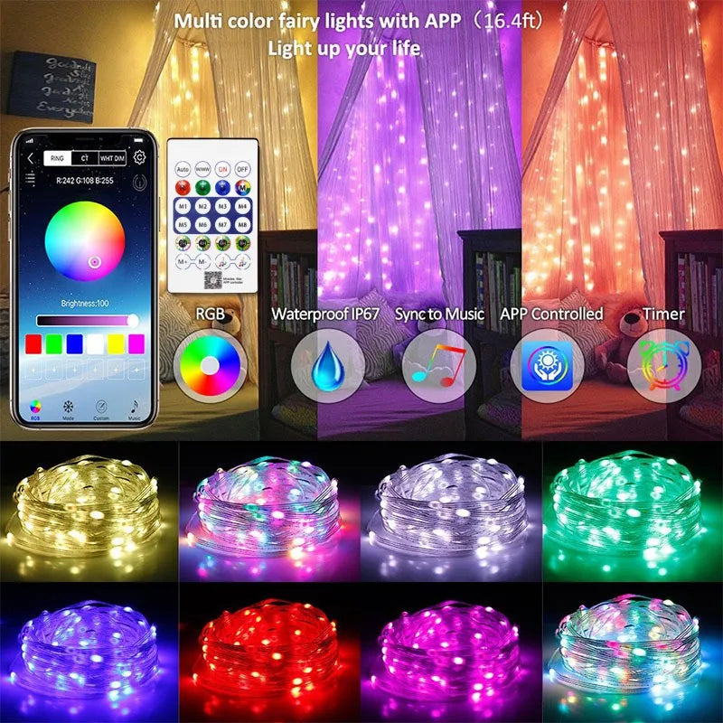 RGBIC Bluetooth LED Fairy String Lights USB – App & Remote, 5m–20m
