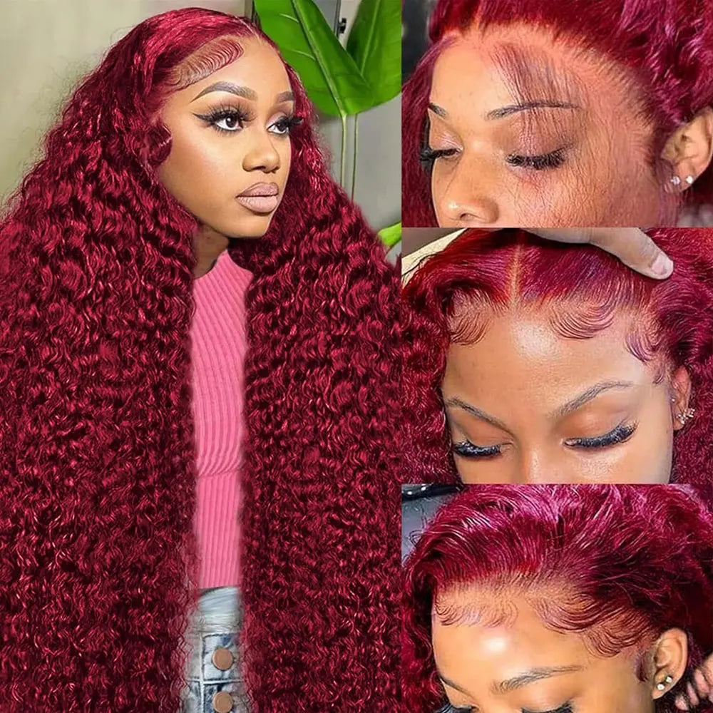 Burgundy 99J Deep Wave Lace Front Wig Human Hair 13x4