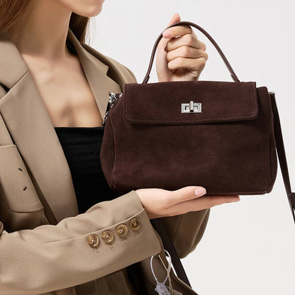 Suede Leather Crossbody Bag for Women – Turn-Lock Shoulder Bag