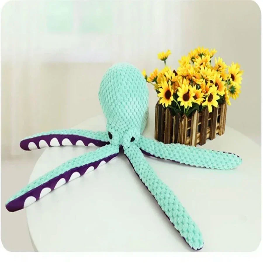 Squeaky Plush Octopus Dog Toy – Interactive Denim Chew Toy