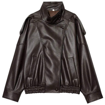 Women's Oversized Faux Leather Bomber Jacket – Zip-Up Cropped Coat
