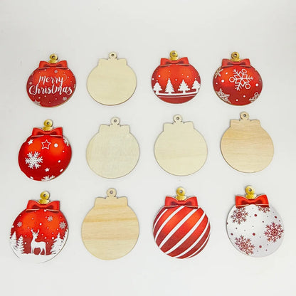 Christmas Ball Ornaments Set of 12 – Red & White Wooden Tree Decorations