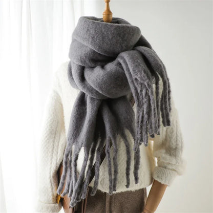 Thick Cashmere Winter Scarf for Women – Solid Blanket Wrap with Tassel