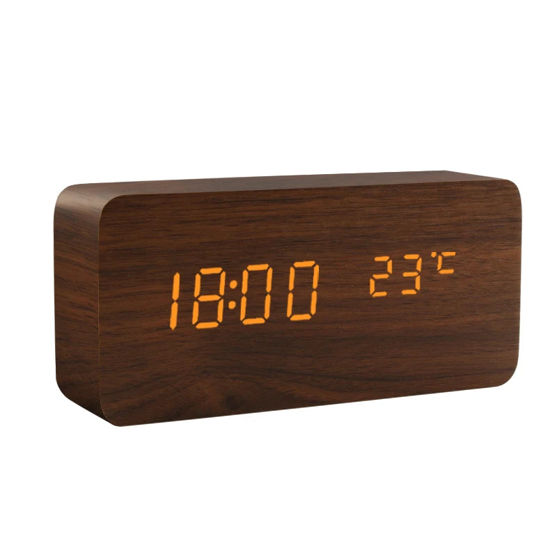 Wooden LED Digital Alarm Clock – Voice Control, Temp & Humidity