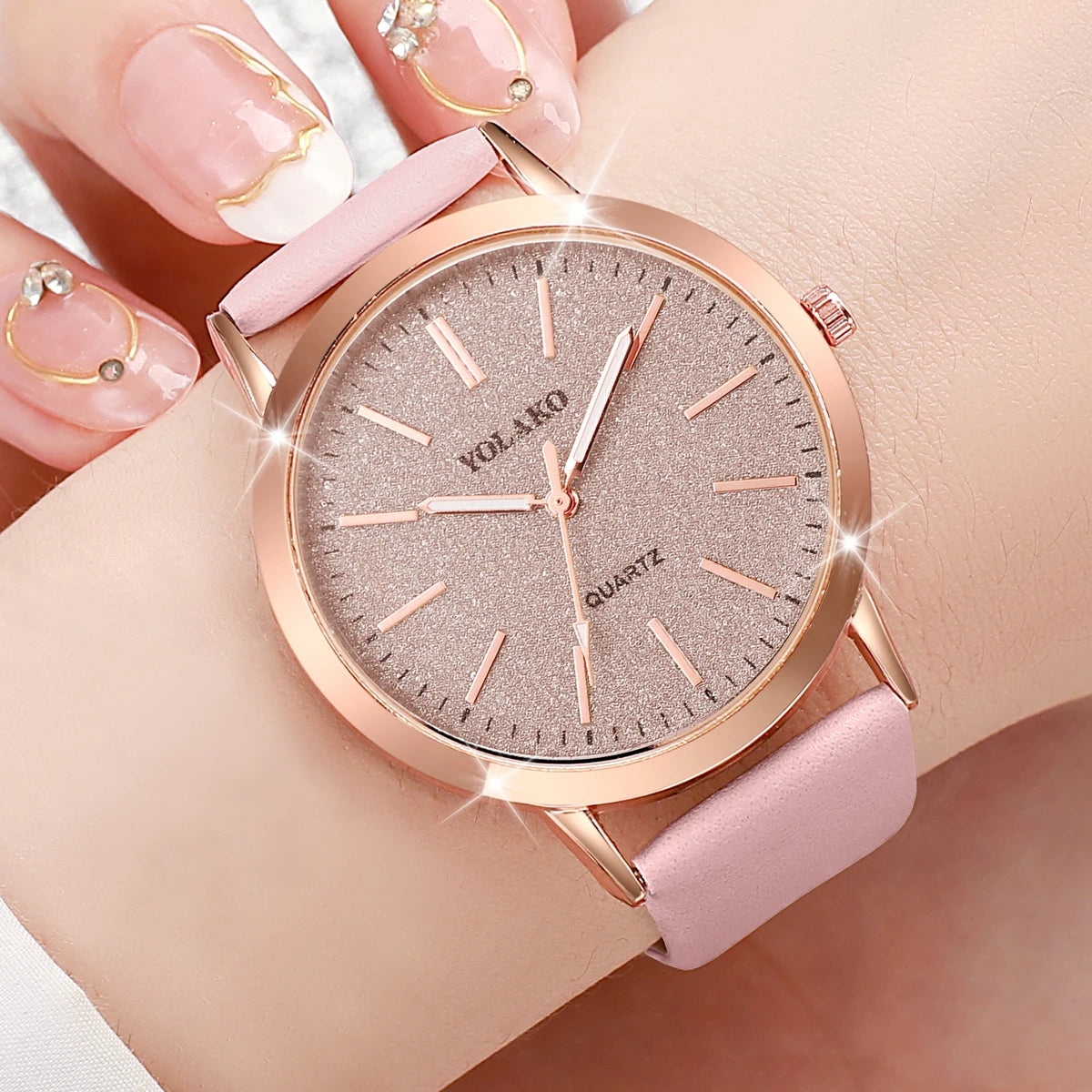 Women's Quartz Watch with Matte Glitter Dial & Leather Band