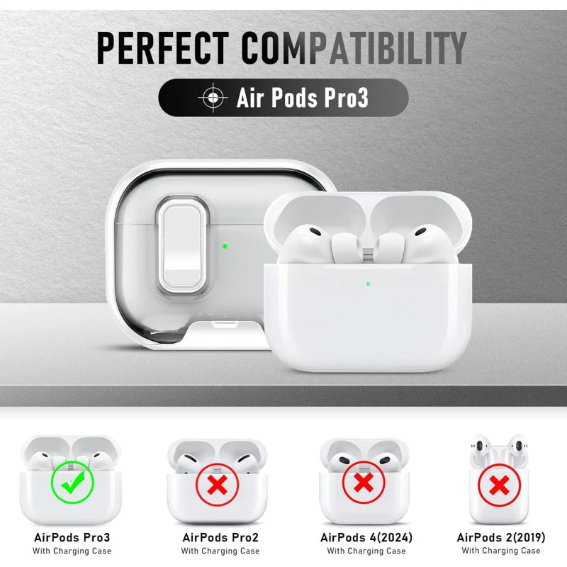 Clear AirPods Pro 3 Case Shockproof TPU Cover with Lock & Carabiner Ring