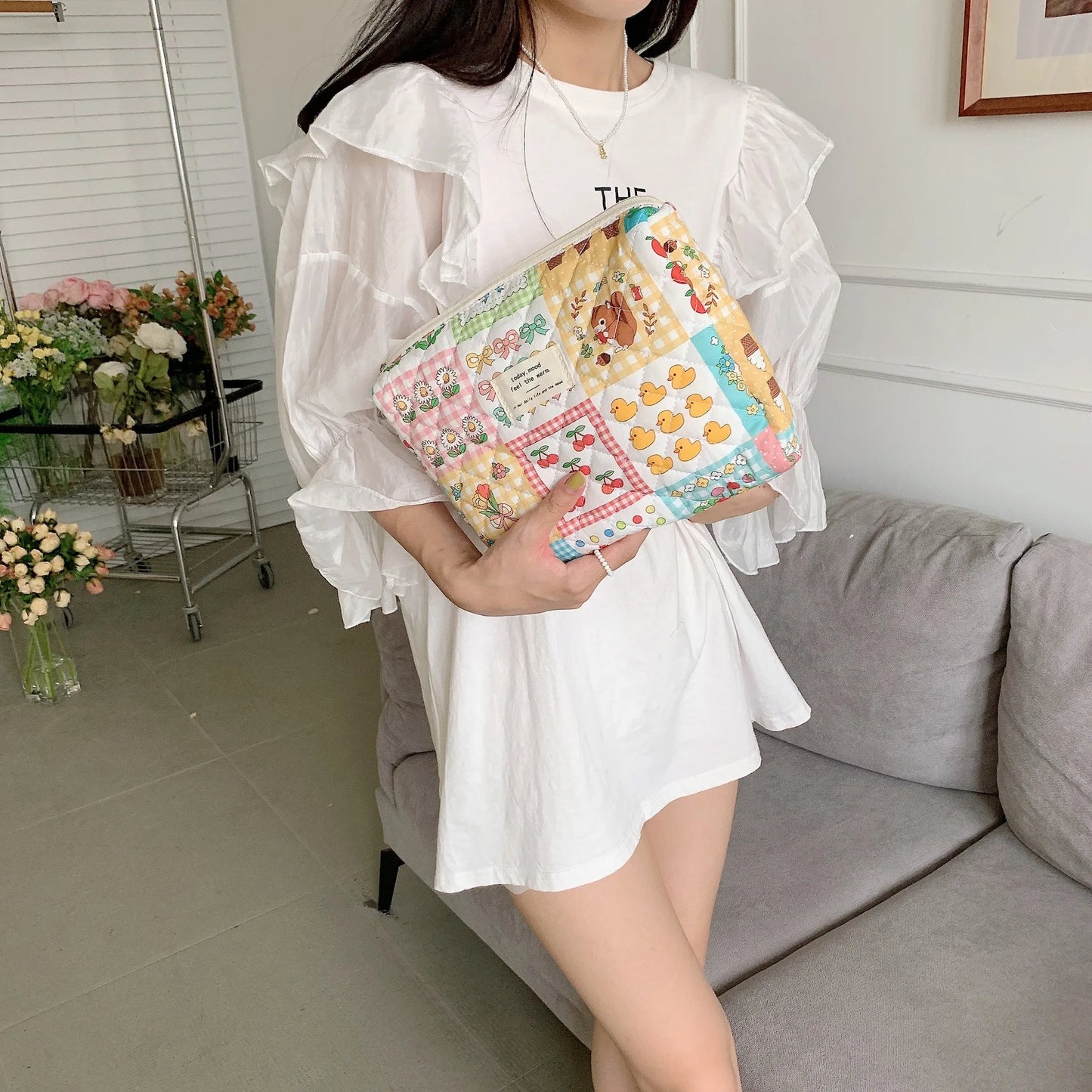 Cartoon Print Quilted Baby Diaper Bag – Zipper Handbag for Travel