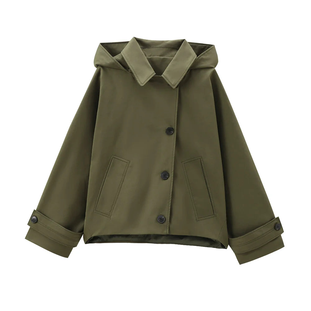 Women's Cropped Hooded Trench Coat – Single-Breasted Lapel Jacket