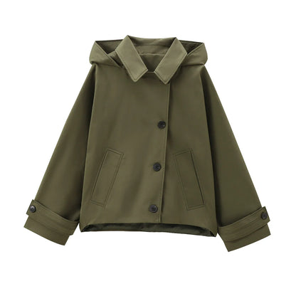 Women's Cropped Hooded Trench Coat – Single-Breasted Lapel Jacket