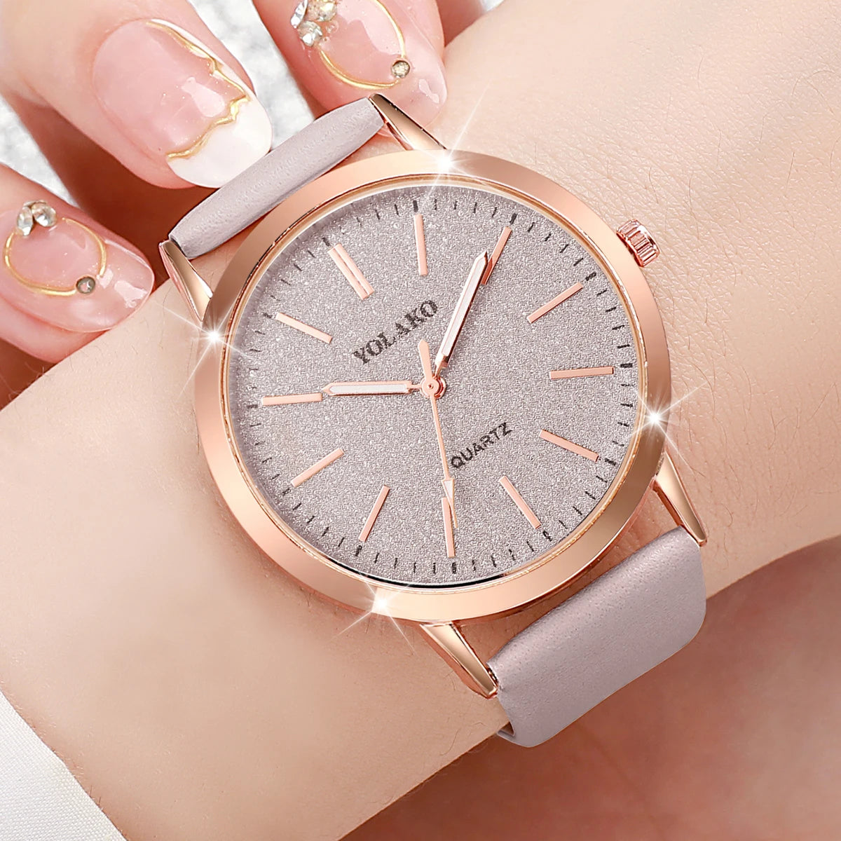 Women's Quartz Watch with Matte Glitter Dial & Leather Band