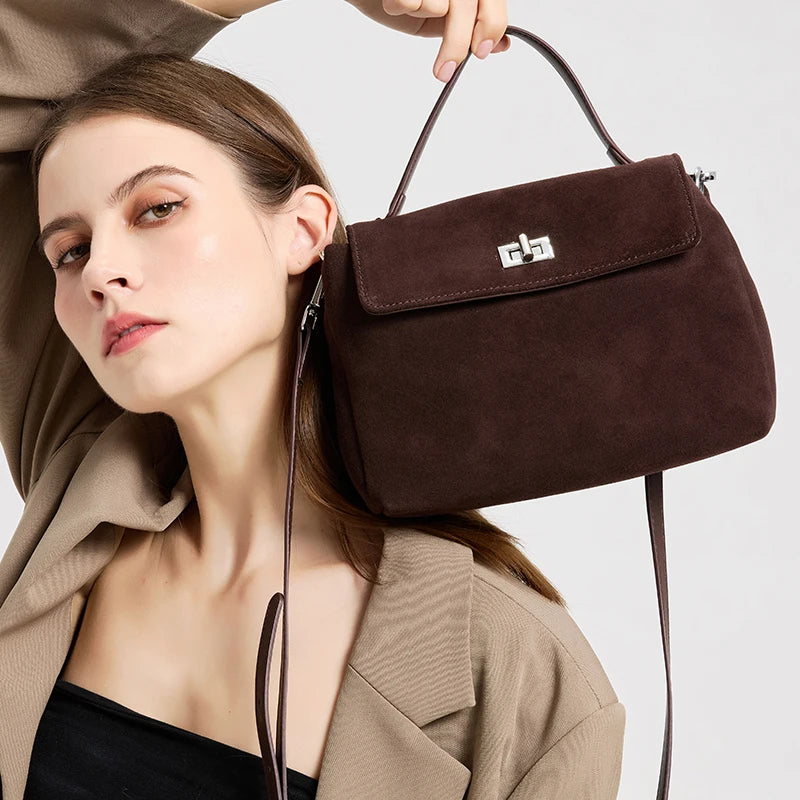 Suede Leather Crossbody Bag for Women – Turn-Lock Shoulder Bag