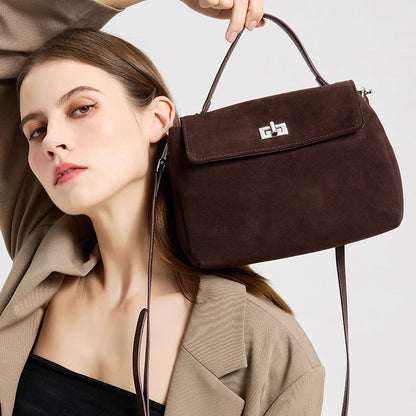 Suede Leather Crossbody Bag for Women – Turn-Lock Shoulder Bag