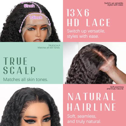 13x4 HD Lace Frontal Wig Human Hair Natural Black 180% 200% Density