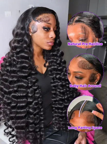 Deep Wave Human Hair Wig 13x4 13x6 HD Lace Front Natural Black
