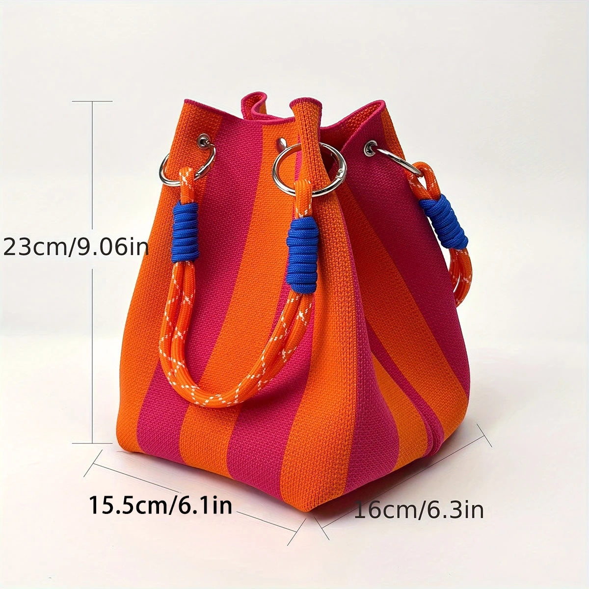 Color-Block Knitted Bucket Bag – Retro Striped Handbag